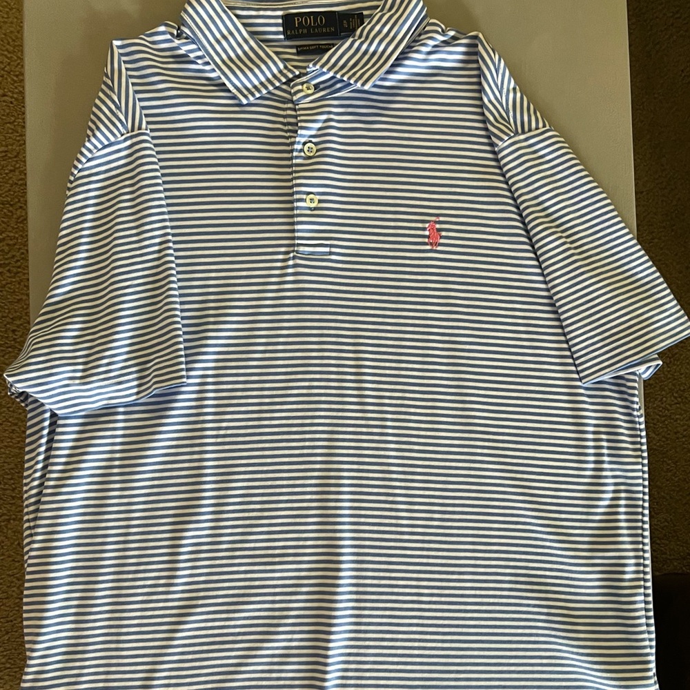 Mens Ralph Lauren Polo, size XL. Blue and white stripe with pink pony.